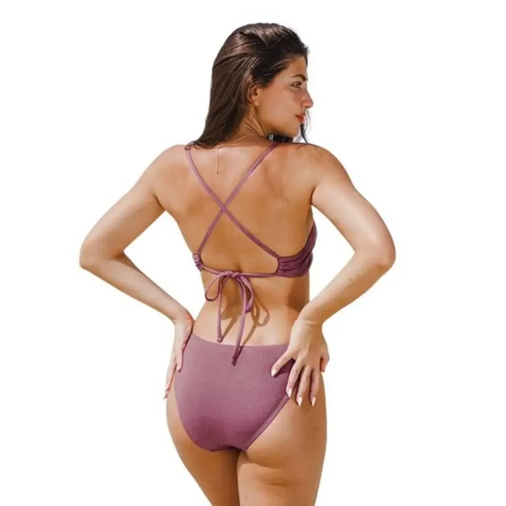 Cupshe Women's Lurex Back Tie Bralette & Hipster Bikini Set Purple Size XS‎